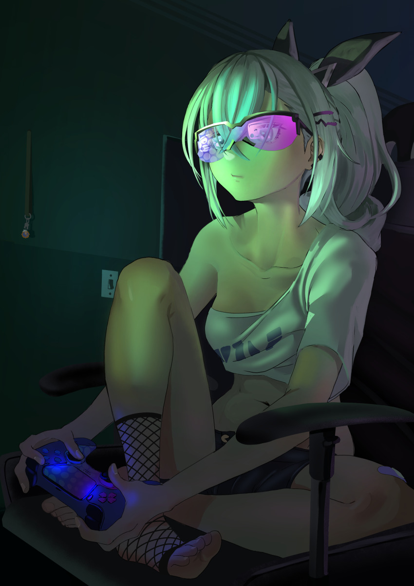 1girl, absurdres, black_shorts, brasileiroo, collarbone, controller, crop_top, fishnets