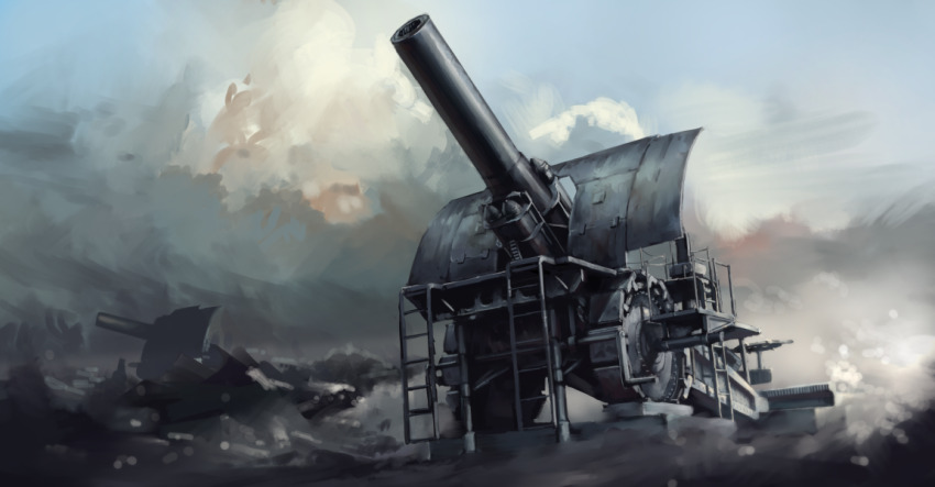 abe_yasushi_(umizoi_tibet), artillery, big_bertha, cannon, imperial_german_army, no_humans, original, smoke