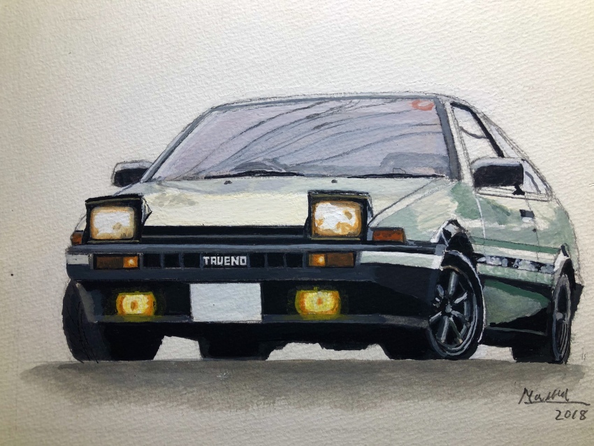 absurdres, acrylic_paint_(medium), atelier_634, car, highres, motor_vehicle, no_humans, original, painting_(medium), pop-up_headlights, toyota, toyota_sprinter_trueno, traditional_media, white_background, white_car