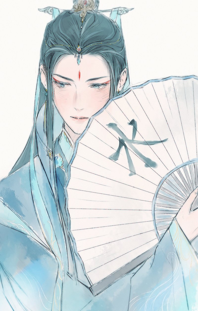 1boy, black_hair, blue_eyes, blue_hanfu, chinese_clothes, closed_mouth, commentary, earrings, english_commentary, expressionless, facial_mark, folding_fan, forehead_mark, hair_ornament, hand_fan, hanfu, highres, holding, holding_fan, jewelry, kkcoocool, long_hair, long_sleeves, looking_down, makeup, male_focus, paper_fan, shi_wudu, simple_background, solo, tassel, tassel_earrings, tianguan_cifu, upper_body, white_background, wide_sleeves, xiao_guan_(headdress)