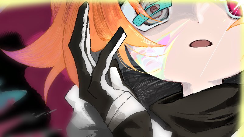 1girl, a.i._voice, abstract_background, adachi_rei, alternate_eye_color, bandaged_hand, bandages, bandaid_on_eye, black_gloves, black_shirt, blurry_edges, close-up, colored_skin, commentary_request, cracked_skin, gloves, grey_eyes, hand_up, heterochromia, hood, hood_down, iridescent, jaggy_lines, kurusuke_(kurumi), looking_at_viewer, multicolored_skin, open_mouth, orange_hair, pink_background, pink_eyes, shirt, solo, sparkling_eyes, thumbnail_collage, tougenkyou_e_ikou_(utau), turtleneck, turtleneck_shirt, two-tone_gloves, utau, white_gloves