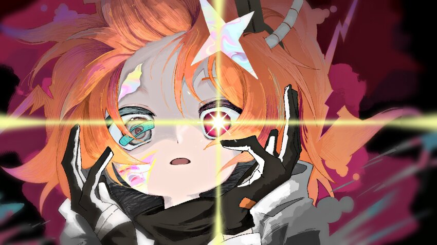 1girl, a.i._voice, abstract_background, adachi_rei, alternate_eye_color, bandaged_hand, bandages, bandaid_on_eye, black_gloves, black_shirt, blurry_edges, colored_skin, commentary_request, cracked_skin, diffraction_spikes, floating_hair, forehead, gloves, grey_eyes, hands_up, heterochromia, highres, hood, hood_down, iridescent, jaggy_lines, kurusuke_(kurumi), long_sleeves, looking_at_viewer, multicolored_skin, open_mouth, orange_hair, pink_background, pink_eyes, portrait, shirt, solo, sparkle_hair_ornament, sparkling_eyes, thumbnail_collage, tougenkyou_e_ikou_(utau), tube, turtleneck, turtleneck_shirt, two-tone_gloves, utau, white_gloves, wide-eyed