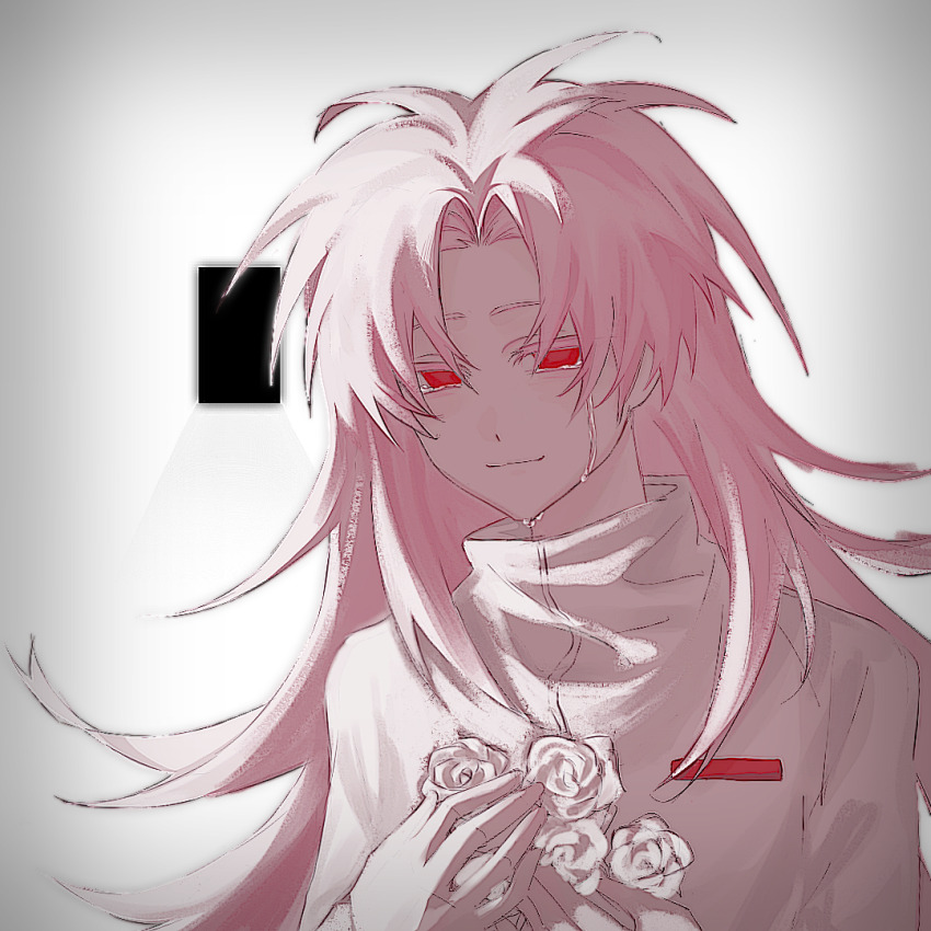 1boy, chinese_commentary, closed_mouth, colored_eyelashes, commentary_request, crying, crying_with_eyes_open, curtained_hair, fancheyu_su_fanxia_xin_fang, flower, hatsutori_hajime, high_collar, holding, holding_flower, long_hair, looking_at_viewer, male_focus, parted_bangs, pink_hair, red_eyes, rose, saibou_shinkyoku, shirt, smile, solo, tears, upper_body, white_flower, white_rose, white_shirt