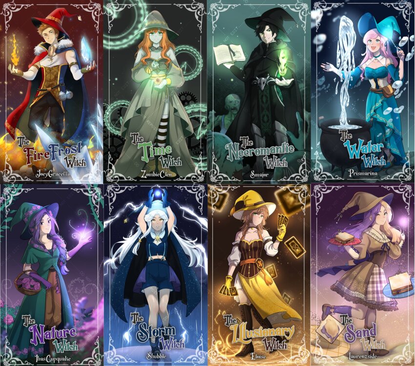 2boys, 3others, 6+girls, animification, basket, black_hair, blue_dress, book, boots, braid, breasts, cape, card, cauldron, character_name, cleavage, colored_skin, commentary, dress, elineyuhu, english_commentary, english_text, flower, full_body, green_dress, green_skin, hat, highres, ihascupquake, joey_graceffa, laurenzside, light_brown_hair, lolita_fashion, long_hair, magic, midriff, minecraft_youtube, multiple_boys, multiple_girls, multiple_others, orange_hair, pink_hair, potion, print_dress, prismarina, purple_hair, short_hair, shubble, side_slit, single_braid, smajor1995, smile, soupforeloise, standing, tarot, tarot_card, water, white_hair, witch, witch_hat, witchcraft_smp, zombie, zombiecleo