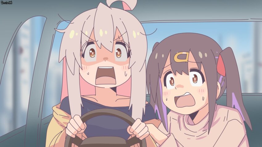 2girls, bambi2000line, black_shirt, blue_sky, blurry, blurry_background, brown_eyes, brown_hair