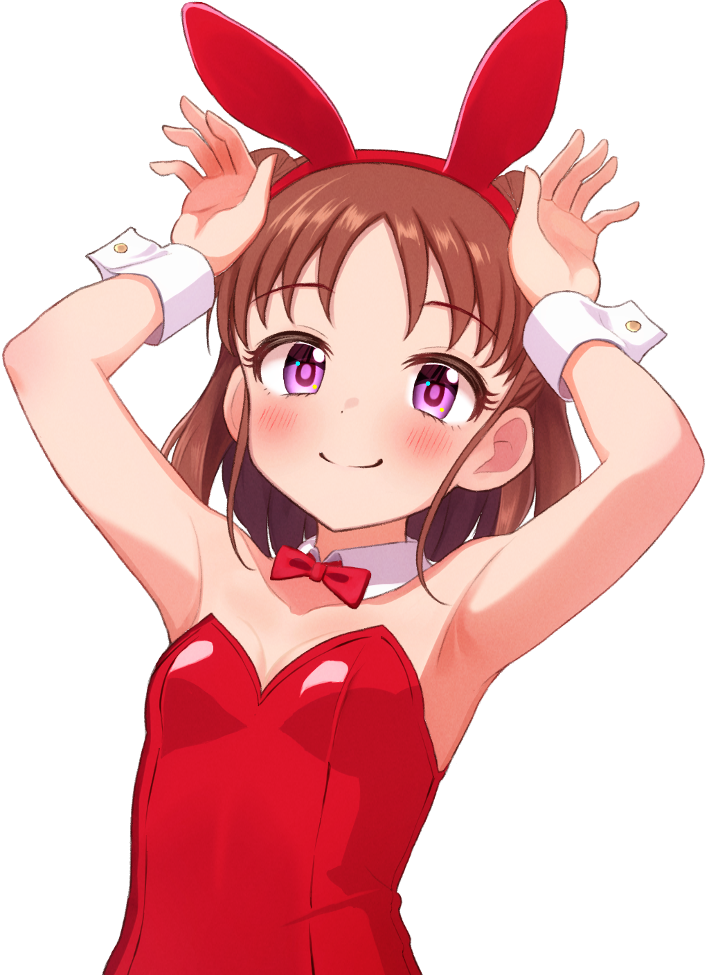 1girl, animal_ears, armpits, arms_up, bare_shoulders, blush, bow, bowtie