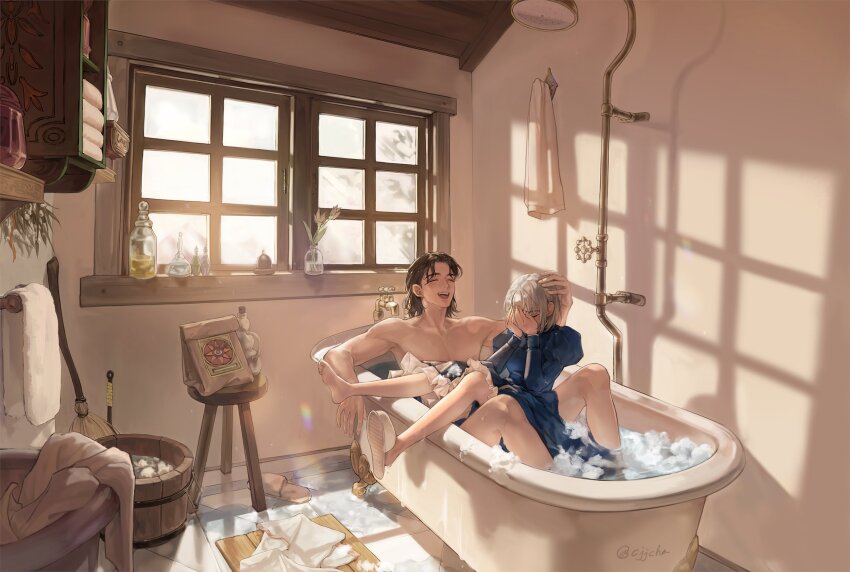 1boy, 1girl, bare_legs, black_hair, blue_dress, cjjcha, clothed_female_nude_male, covering_face, dress, embarrassed, grey_hair, hand_on_another's_head, highres, howl_no_ugoku_shiro, howl_(howl_no_ugoku_shiro), nude, shared_bathing, short_hair, single_slipper, slippers, soap_bubbles, sophie_hatter_(howl_no_ugoku_shiro), window