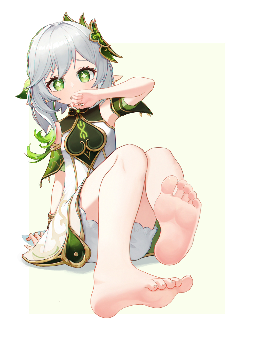 1girl, absurdres, arm_at_side, arm_support, bare_shoulders, barefoot, bloomers, blush, border, chinese_commentary, commentary_request, covering_own_mouth, cross-shaped_pupils, detached_sleeves, dress, embarrassed, eyelashes, feet, foot_focus, foreshortening, full_body, genshin_impact, gradient_hair, green_background, green_eyes, green_hair, green_sleeves, grey_hair, haimaotuanzi, hair_between_eyes, hair_intakes, hair_ornament, hand_up, highres, knees_up, leaf_hair_ornament, long_hair, looking_at_viewer, multicolored_hair, nahida_(genshin_impact), open_mouth, pointy_ears, raised_eyebrows, short_dress, side_ponytail, simple_background, sitting, sleeveless, sleeveless_dress, soles, solo, symbol-shaped_pupils, toenails, toes, underwear, white_bloomers, white_border, white_dress