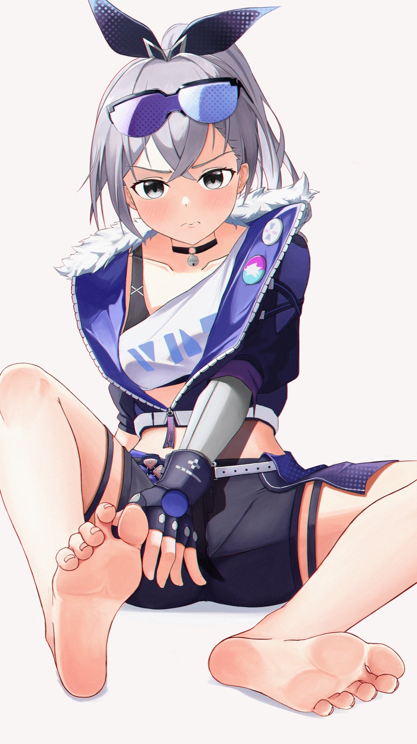 1girl, 3:, arm_at_side, barefoot, bell, belt, between_legs, black_choker