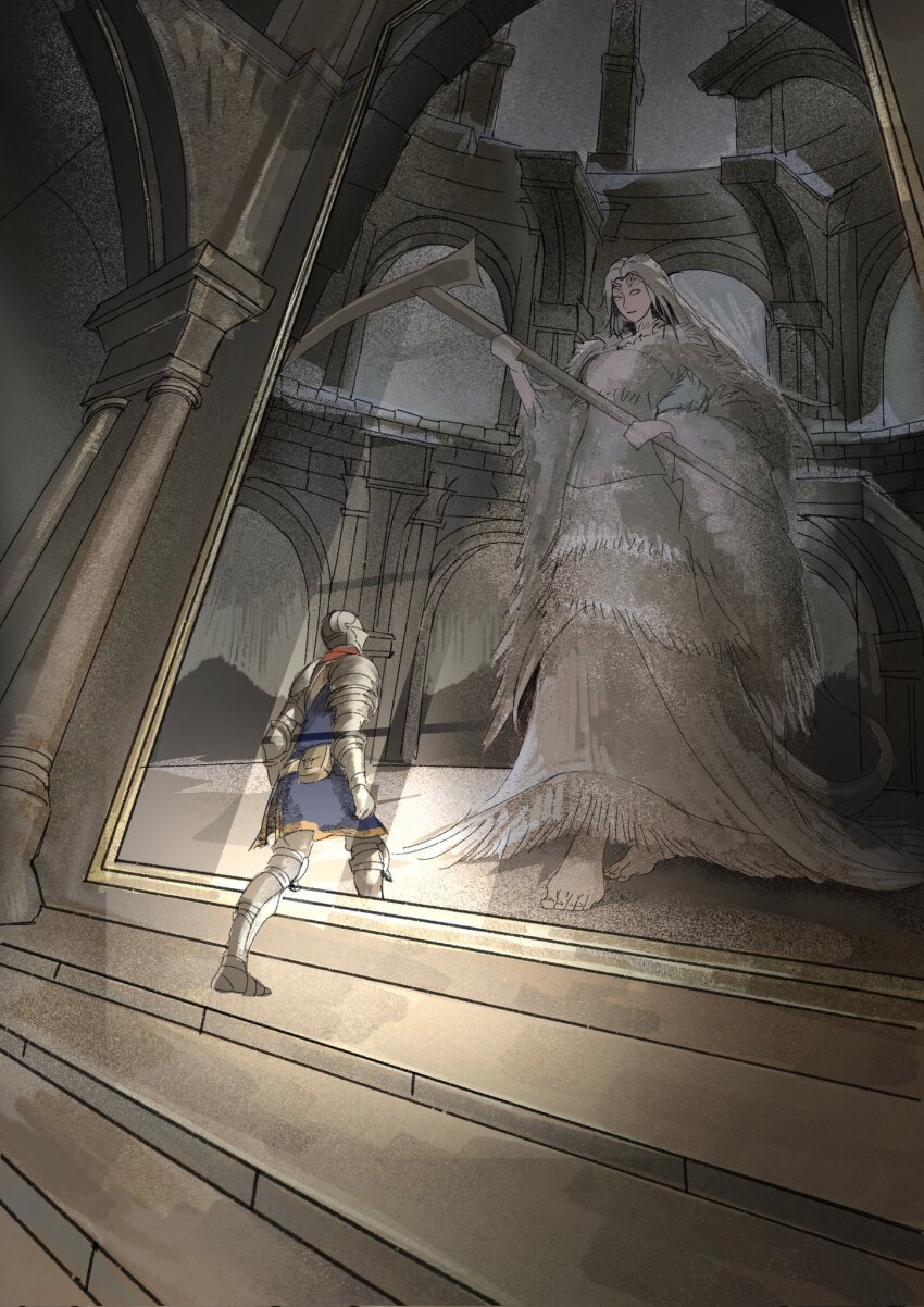 1girl, ambiguous_gender, arch, armor, barefoot, chosen_undead, commentary, dark_souls_(series), dark_souls_i, dragon_girl, full_armor, giant, giantess, helm, helmet, highres, knight, kwiaty_k, monster_girl, painting_(object), pillar, priscilla_the_crossbreed, scythe, stairs, standing, untranslatable_commentary