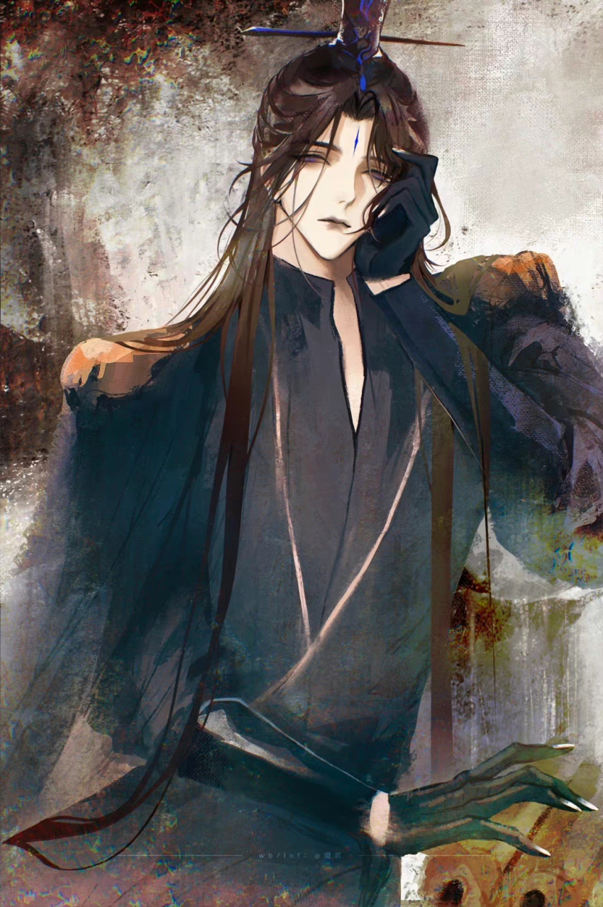 black_gloves, brown_hair, chinese_clothes, facial_mark, forehead_mark, gloves, hair_ornament, hair_stick