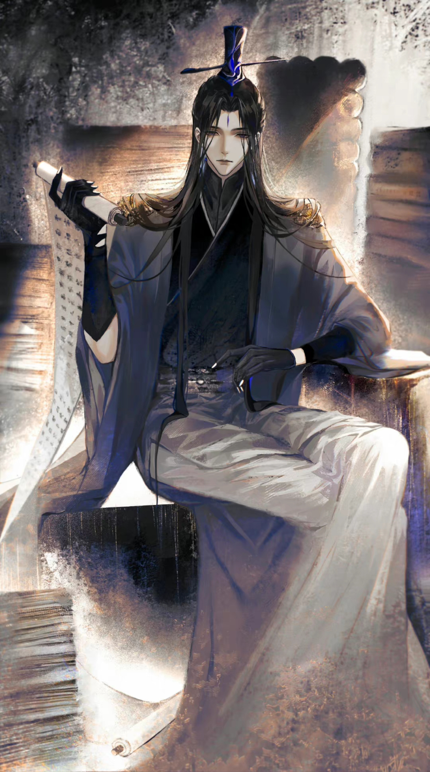 black_gloves, black_hair, book, book_stack, chinese_clothes, crossed_legs, gloves, hair_ornament