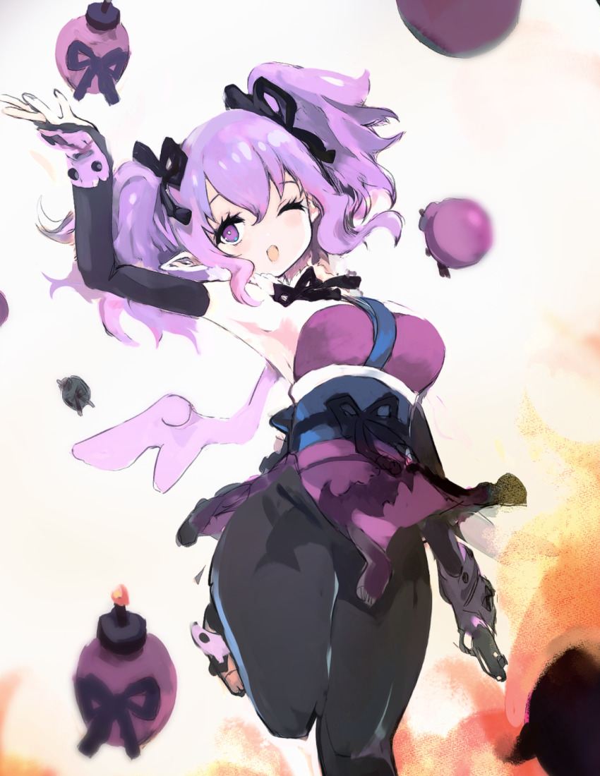 1girl, black_ribbon, bomb, breasts, ceefore_(disgaea), disgaea, dropped_object, elbow_gloves