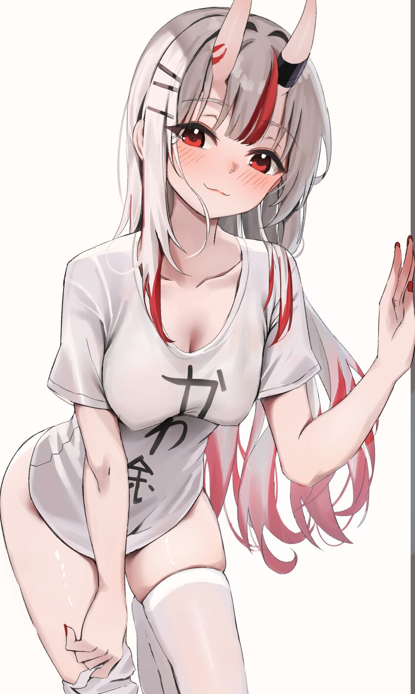 1girl, :3, absurdres, blush, bottomless, breasts, cleavage, closed_mouth