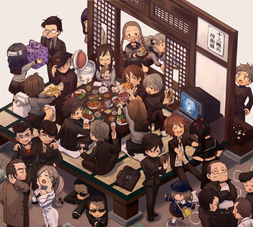 6+boys, 6+girls, amiguchi_shuu, apron, bj_(juusan_kihei_bouei_ken), black_cat, black_hair, black_serafuku