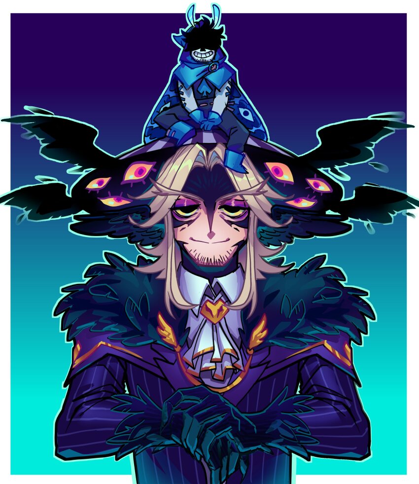 2boys, absurdres, adapted_costume, antennae, arthropod_boy, beard, bird_boy, black_eyes