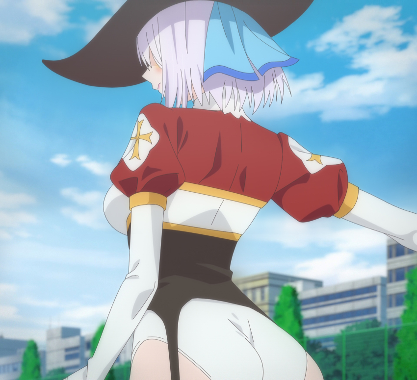 1girl, 2.5_jigen_no_ririsa, 753_(2.5_jigen_no_ririsa), anime_screenshot, ass, black_garter_straps, blue_ribbon, breasts