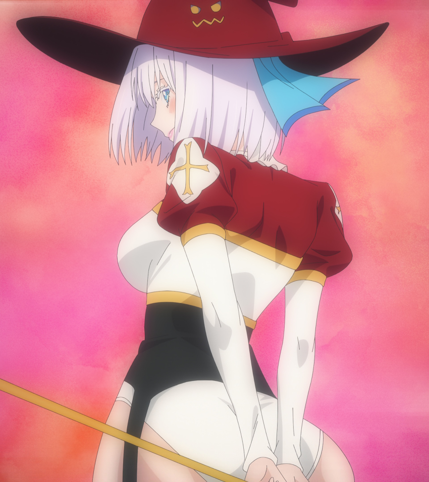 1girl, 2.5_jigen_no_ririsa, 753_(2.5_jigen_no_ririsa), anime_screenshot, arms_behind_back, ass, black_garter_straps, blue_eyes