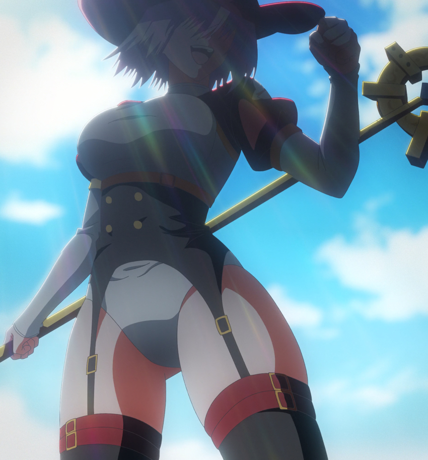 1girl, 2.5_jigen_no_ririsa, 753_(2.5_jigen_no_ririsa), anime_screenshot, black_garter_straps, black_thighhighs, blue_ribbon, breasts