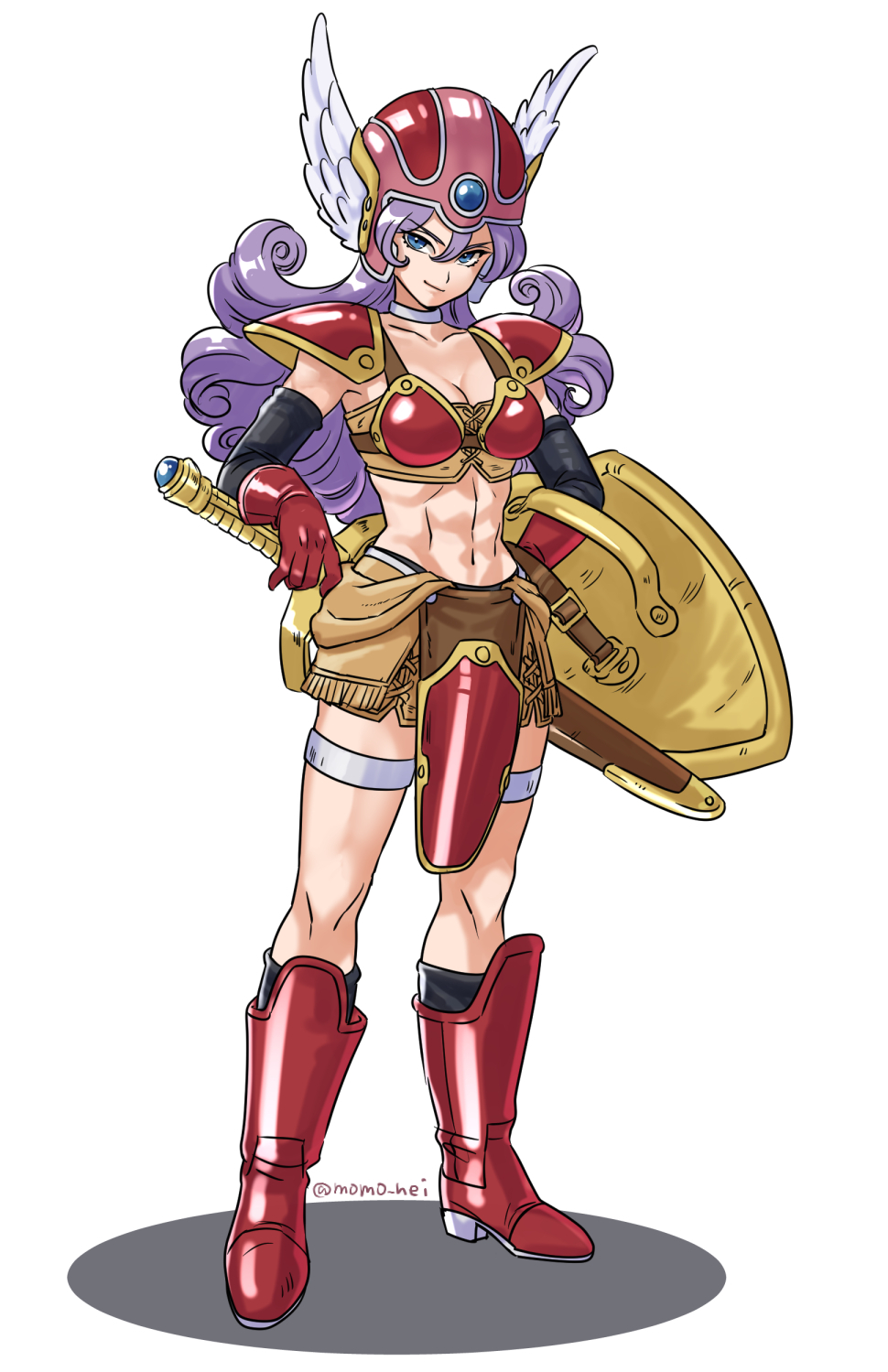 1girl, armor, bikini_armor, blue_eyes, boots, breasts, cleavage, dragon_quest, dragon_quest_iii, elbow_gloves, gloves, helmet, highres, long_hair, momo_nei, navel, purple_hair, red_armor, shield, shoulder_armor, simple_background, solo, sword, toned, toned_female, warrior_(dq3), weapon, white_background, winged_helmet