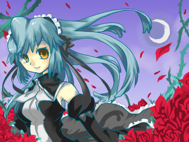 1girl, bow, breasts, detached_sleeves, dress, female_focus, flower, gothic_lolita