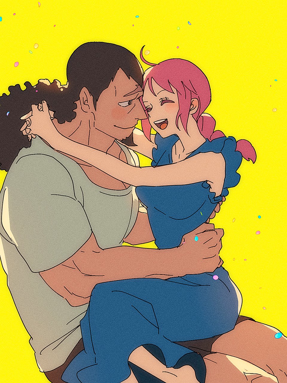 1boy, 1girl, ^_^, blue_dress, blush, braid, braided_ponytail, brown_hair