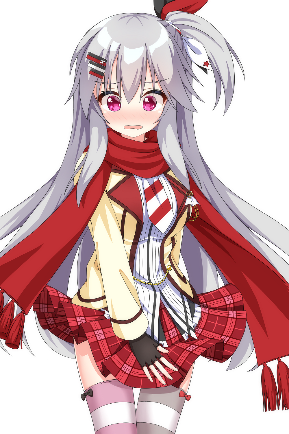 1girl, asymmetrical_legwear, black_bow, blush, bow, bow_legwear, commentary, covering_crotch, covering_privates, cowboy_shot, embarrassed, floating_hair, fringe_trim, furrowed_brow, grey_hair, hair_between_eyes, hair_ornament, hair_ribbon, hairclip, hanasaki_work_spring, highres, jacket, long_hair, long_scarf, long_sleeves, looking_at_viewer, miniskirt, mismatched_legwear, multicolored_ribbon, nose_blush, one_side_up, open_clothes, open_jacket, open_mouth, pink_eyes, plaid_clothes, plaid_skirt, pleated_skirt, red_bow, red_scarf, red_skirt, ribbon, scarf, school_uniform, shiranui_inori, shirt, simple_background, skirt, skirt_tug, solo, star_(symbol), star_print, straight-on, striped_clothes, striped_thighhighs, thighhighs, very_long_hair, wavy_mouth, white_background, white_shirt, wind, wind_lift, wistar1as, yellow_jacket