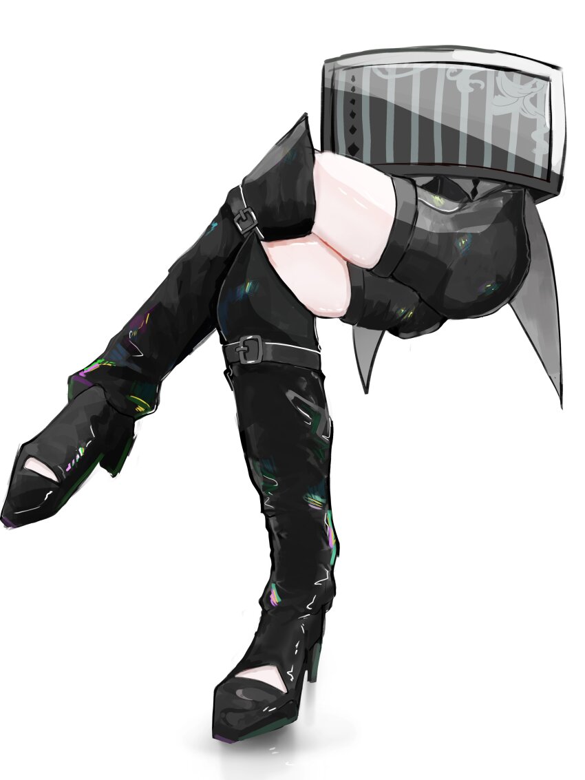 1boy, absurdres, ass, black_boots, black_shorts, boots, box, coattails, commentary, crossed_legs, english_commentary, gavis_bettel, gavis_bettel_(1st_costume), high_heel_boots, high_heels, highres, holostars, holostars_english, in_box, in_container, invisible_chair, lower_body, magic_trick, male_focus, miqoua, pale_skin, shiny_clothes, shorts, simple_background, sitting, solo, tailcoat, thigh_boots, thighhighs, virtual_youtuber, white_background, zettai_ryouiki