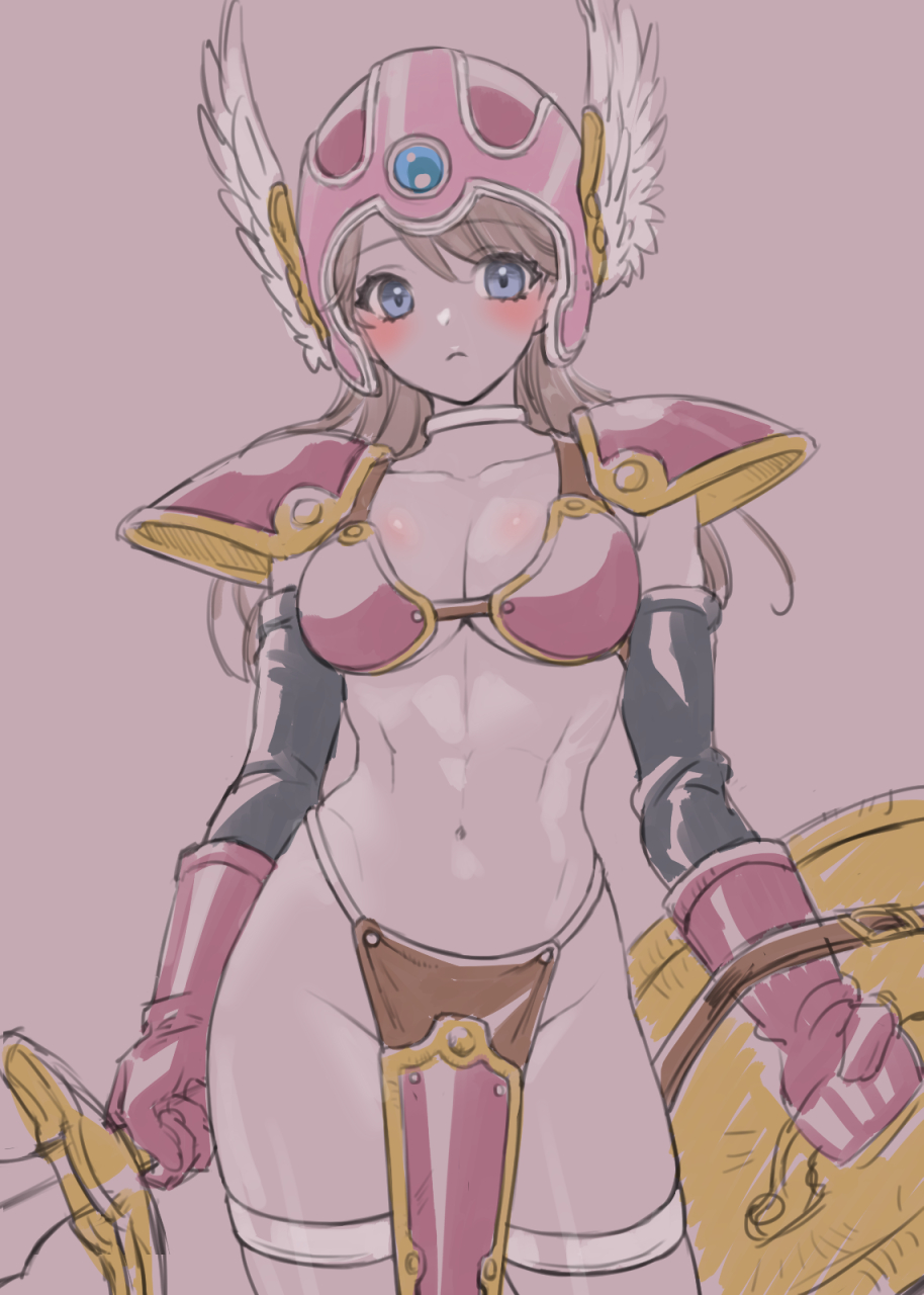 1girl, armor, bikini_armor, blue_eyes, blush, breasts, brown_hair, cleavage, cosplay, dragon_quest, dragon_quest_iii, gloves, helmet, highres, holding, holding_shield, holding_sword, holding_weapon, long_hair, medium_breasts, momo_nei, navel, original, shield, sketch, warrior_(dq3), solo, sword, warrior_(dq3)_(cosplay), weapon, winged_helmet