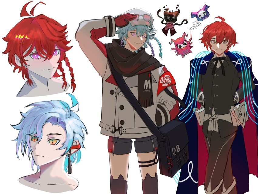 2boys, absurdres, ahoge, alternate_color, alternate_hair_color, animal_ear_legwear, arm_up, arms_behind_back