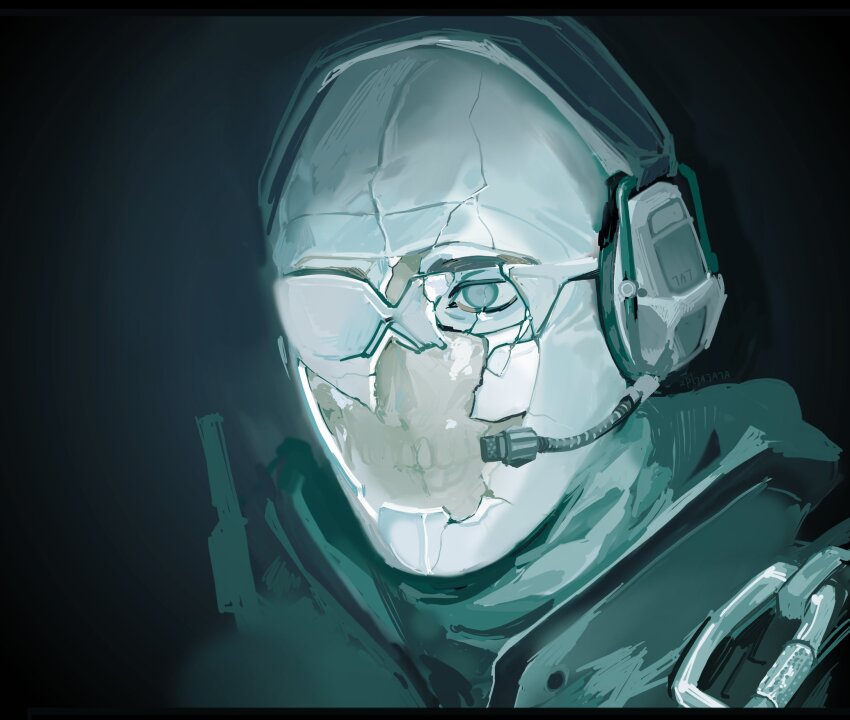 1boy, album_cover_redraw, black_background, broken_eyewear, call_of_duty, call_of_duty:_modern_warfare_2, commentary, cracked_skin, derivative_work, english_commentary, expressionless, ghost_(modern_warfare_2), headset, highres, hood, hood_down, hoodie, limited_palette, looking_ahead, madra_(album), male_focus, mask, porcelain, portrait, simple_background, solo, zpljajaja