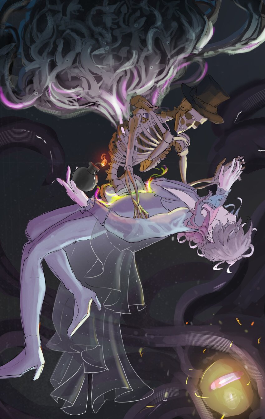 1boy, absurdres, blue_hair, bomb, boots, commentary, creature, dark_background