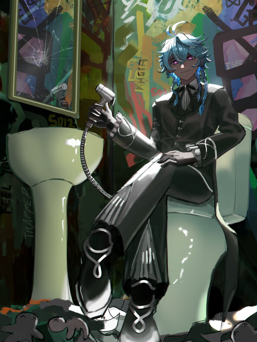 1boy, absurdres, antenna_hair, bathroom, bishounen, black_gloves, black_pants, blue_hair