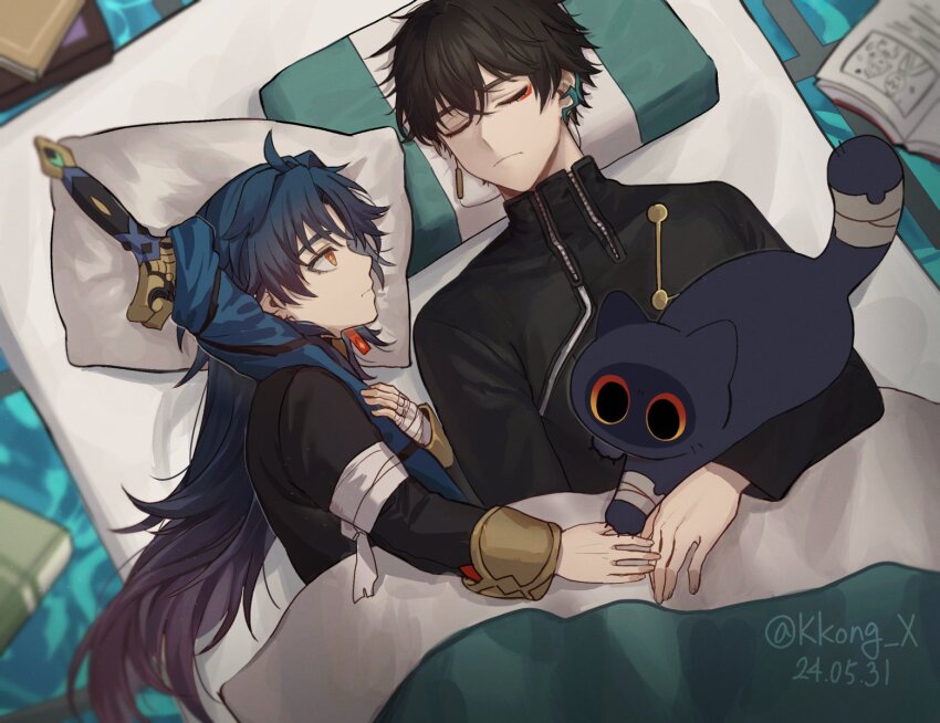 2boys, aged_down, ahoge, artist_name, bandaged_arm, bandaged_hand, bandaged_tail, bandages