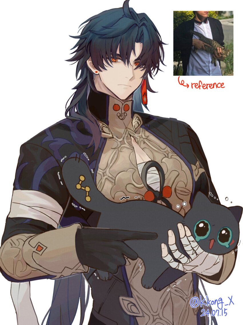 1boy, ahoge, animal, artist_name, bandaged_arm, bandaged_chest, bandaged_hand, bandages