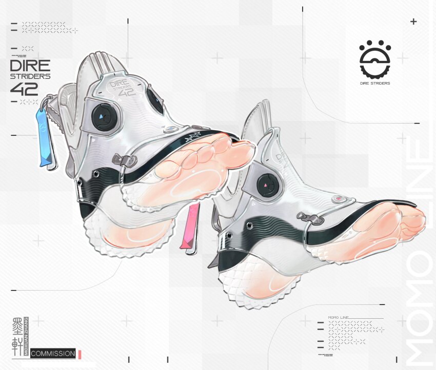 artist_name, black_footwear, commission, footwear_focus, highres, moxuan_zhang, multicolored_footwear, object_focus, original, see-through_clothes, see-through_footwear, soles, still_life, toes, white_background, white_footwear