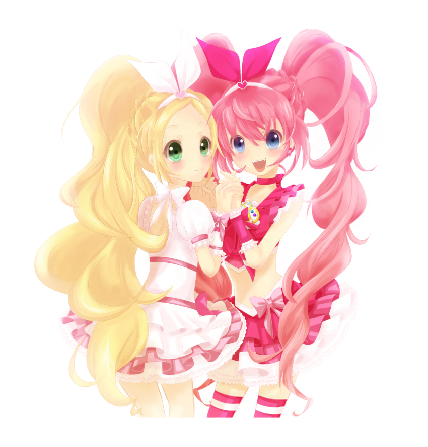 10s, 2girls, blonde_hair, blue_eyes, blush, bow, brooch, cure_melody, cure_rhythm, dress, earrings, fang, green_eyes, holding_hands, happy, heart, highres, houjou_hibiki, jewelry, long_hair, magical_girl, midriff, minamino_kanade, multiple_girls, open_mouth, pink_bow, pink_hair, precure, skirt, smile, suite_precure, thighhighs, twintails, uni_(necogyu), very_long_hair, wrist_cuffs