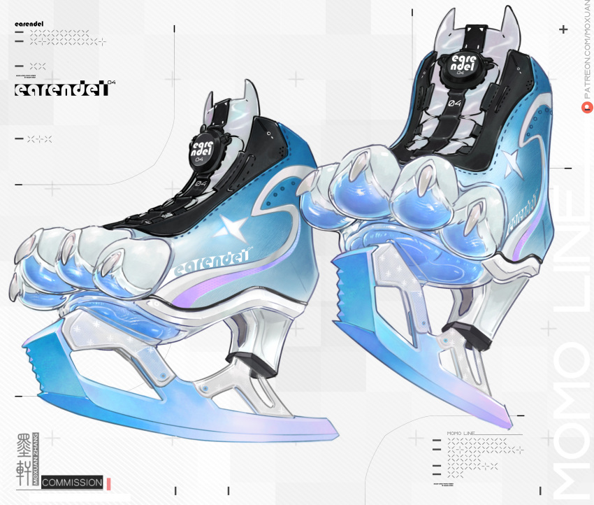 absurdres, artist_name, black_footwear, blue_footwear, commission, fake_claws, highres, inline_skates