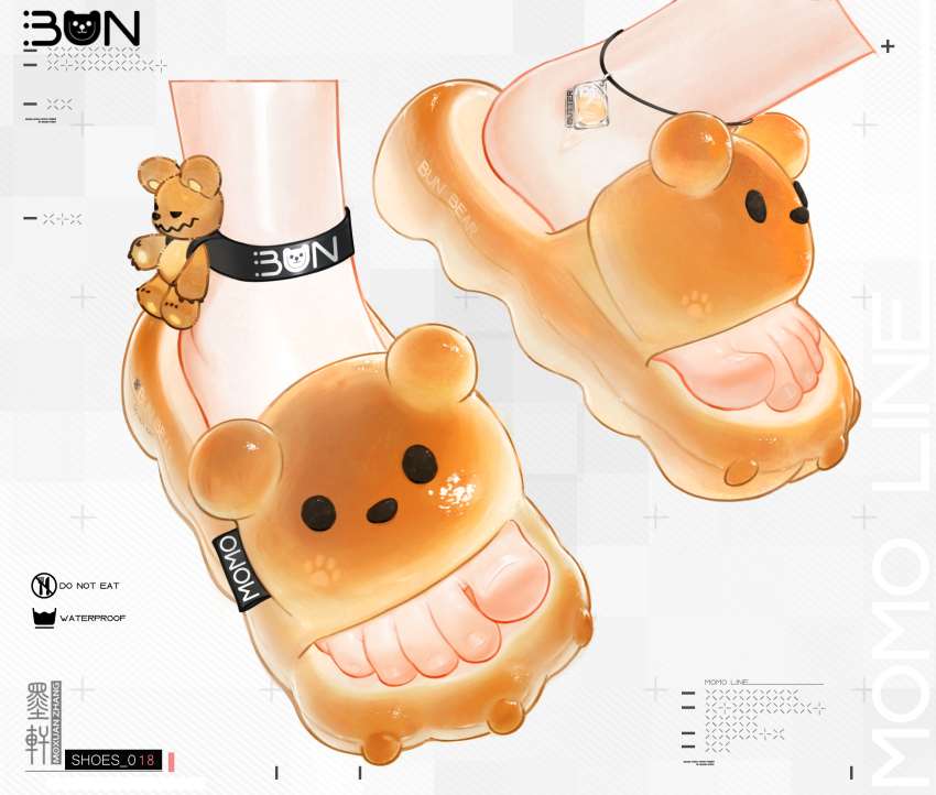 1other, absurdres, animal_print, anklet, artist_name, bear_print, brown_sandals, feet, foot_focus, highres, jewelry, moxuan_zhang, object_focus, original, sandals, solo, stuffed_animal, stuffed_toy, teddy_bear, toenails, toes, white_background