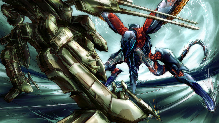 blue_eyes, byneet, cannon, flippers, giant_robot, glowing, glowing_eyes, highres