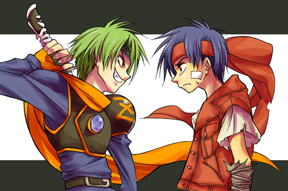 2boys, ahoge, angry, arm_behind_back, armor, bandages, belt, blue_hair