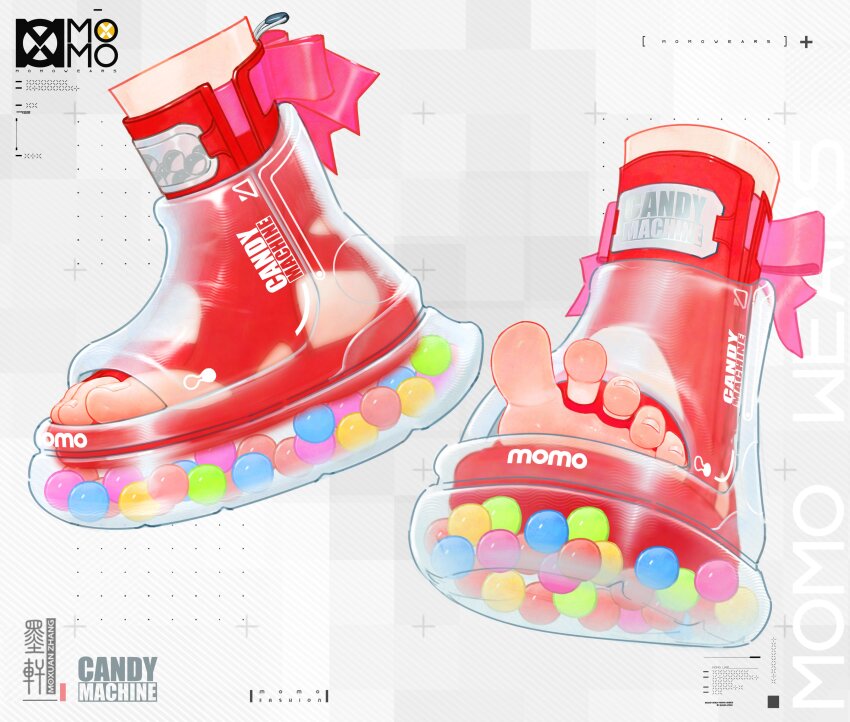 1other, absurdres, artist_name, candy, feet, food, foot_focus, highres, moxuan_zhang, multicolored_footwear, original, red_footwear, solo, toeless_footwear, toes, white_background