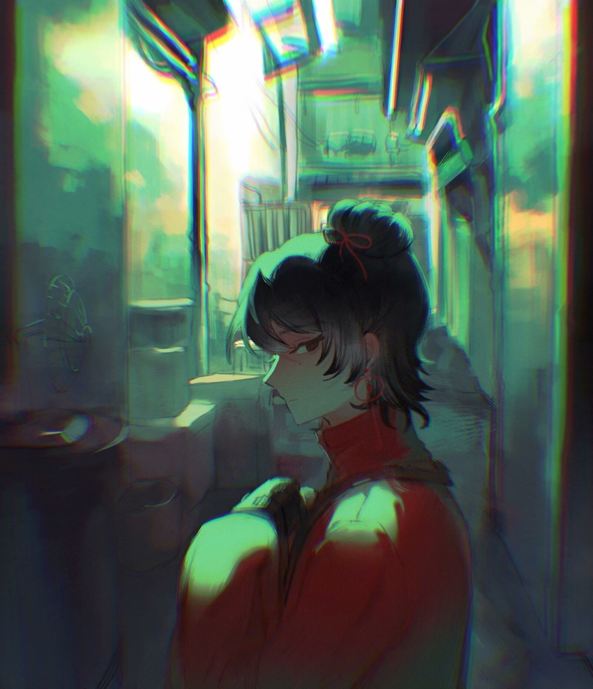 1girl, alley, black_eyes, black_hair, chinese_commentary, chromatic_aberration, closed_mouth, commentary_request, earrings, electric_fan, hair_bun, hair_ribbon, high_collar, highres, jewelry, li_yuting_(female), long_sleeves, mole, mole_under_eye, peng_yuyan, red_pupils, red_ribbon, red_shirt, ribbon, shirt, short_hair, sleeves_past_fingers, sleeves_past_wrists, solo, touqi_guaitan, upper_body