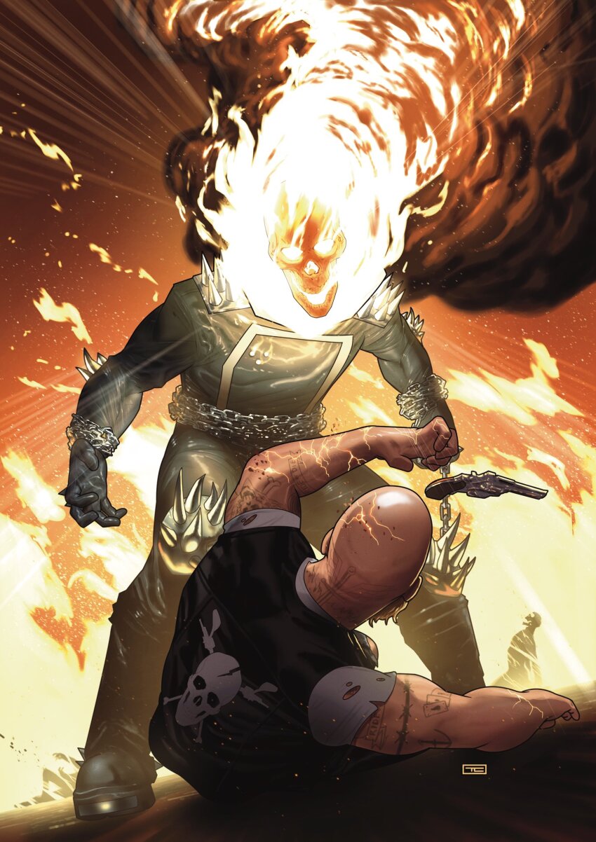 2boys, arm_tattoo, bald, black_jacket, black_pants, black_vest, chain, fire