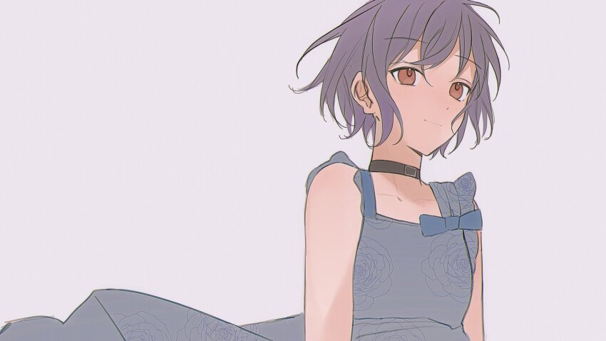 1girl, bang_dream!, bang_dream!_it's_mygo!!!!!, black_choker, blue_dress, brown_eyes, chinese_commentary, choker, closed_mouth, collarbone, commentary_request, dress, grey_hair, highres, hokutou, short_hair, simple_background, sleeveless, sleeveless_dress, solo, takamatsu_tomori, upper_body, white_background