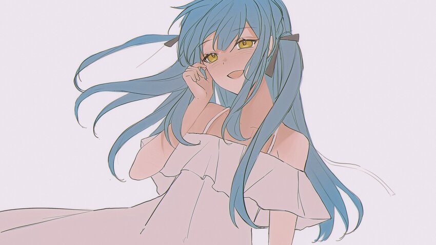 1girl, bang_dream!, bang_dream!_it's_mygo!!!!!, black_ribbon, blue_hair, blush, chinese_commentary, collarbone, commentary_request, dress, floating_hair, hair_ribbon, hand_up, highres, hokutou, long_hair, off-shoulder_dress, off_shoulder, open_mouth, ribbon, sidelocks, simple_background, solo, togawa_sakiko, two_side_up, upper_body, white_background, white_dress, yellow_eyes