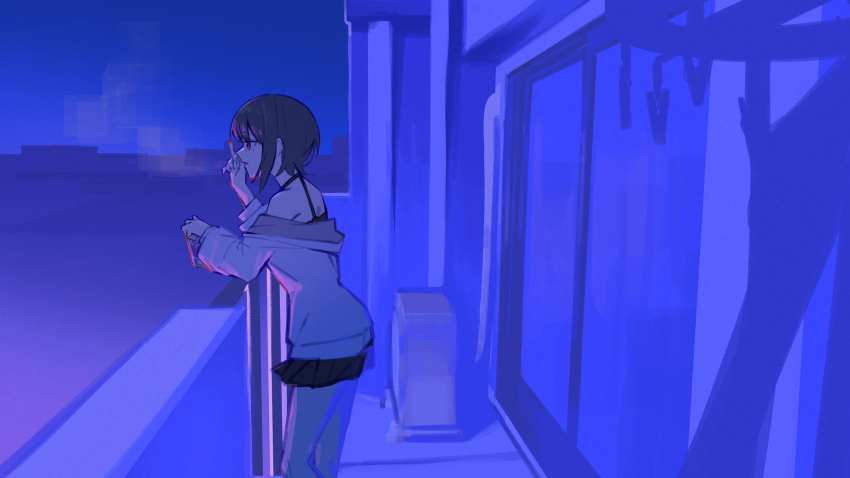 1girl, absurdres, against_railing, balcony, black_camisole, black_skirt, camisole, cigarette