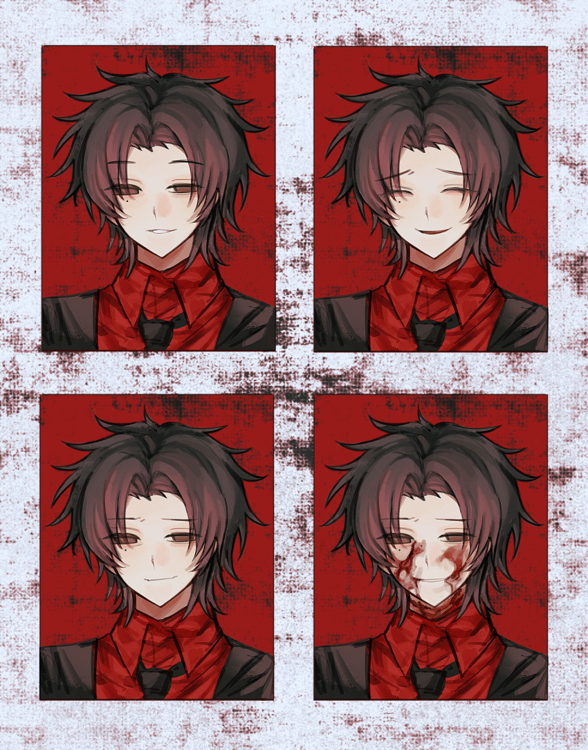 black_hair, black_jacket, black_necktie, blood, blood_on_face, brown_eyes, chinese_commentary, closed_eyes