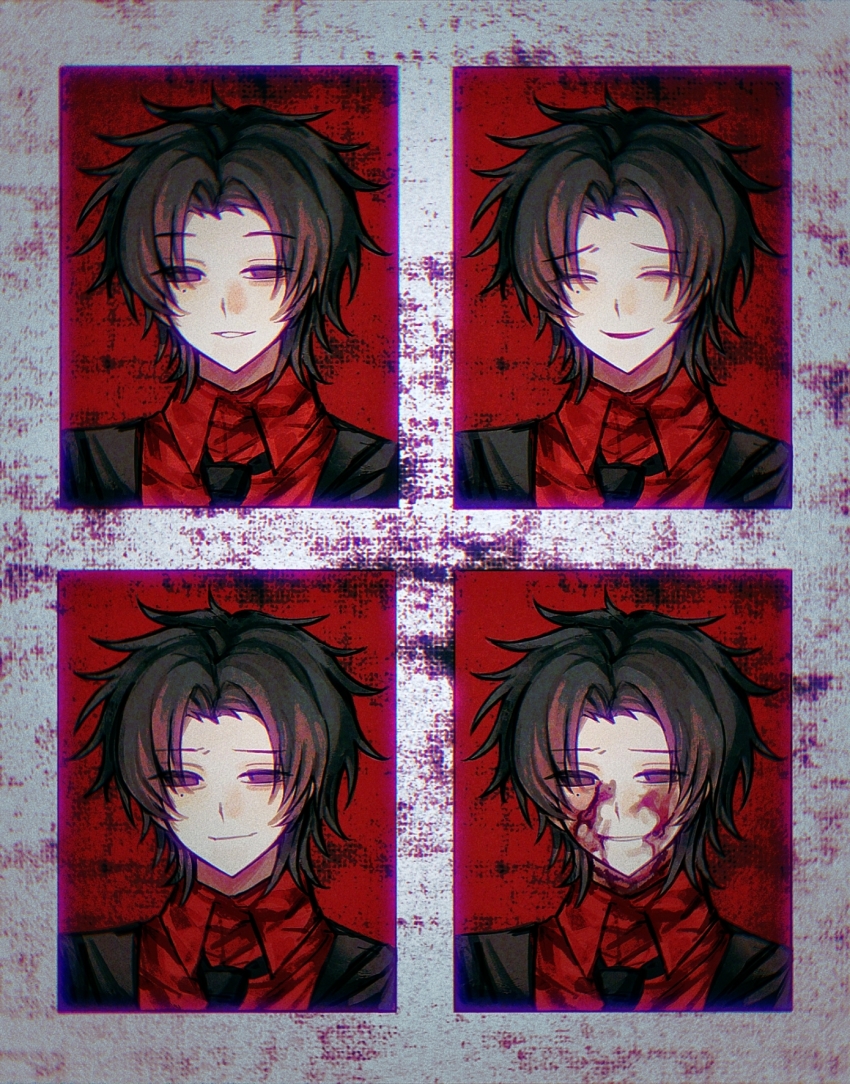 black_eyes, black_hair, black_jacket, black_necktie, blood, blood_on_face, chinese_commentary, closed_eyes