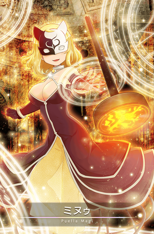 1girl, belt, black_dress, black_gloves, black_mask, blonde_hair, breasts, card_(medium)